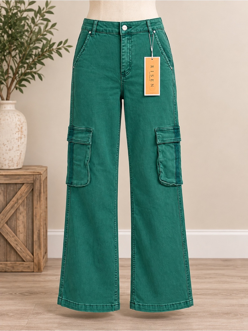 Risen Jade Green High Rise Wide Leg Cargo Jeans NWT